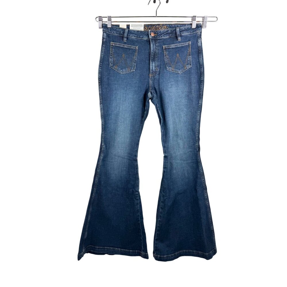 Wrangler Women's High Rise Flare Jean 90s front pocket western blue sz 32x34‎